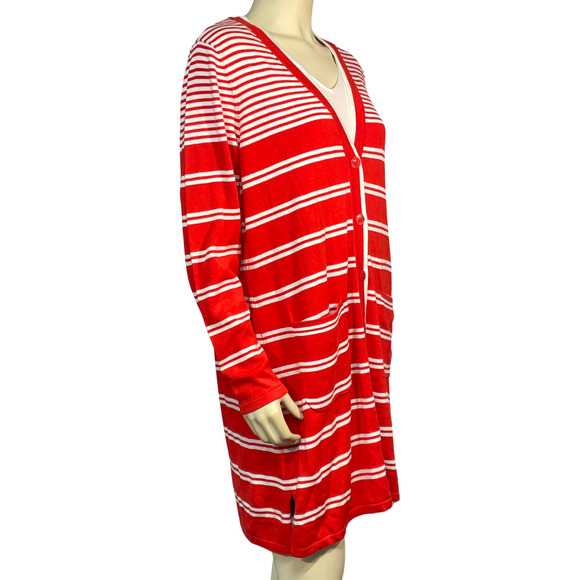 Isaac Mizrahi Sz L Long Duster Cardigan V-Neck Long Sleeve Red/White Stripe New - Picture 2 of 11